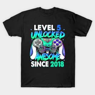 Level 5 Unlocked Awesome Since 2018 5Th Birthday Gaming Kids T-Shirt